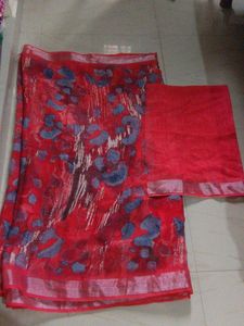 Red Floral Print Linen Saree