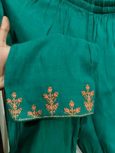 Embroidered Orange Kurta with Teal Dupatta