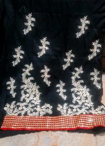 Black kurta  fabric with White and red Embroidery