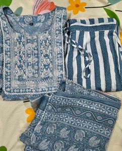 Blue Block Print Kurta with Dupatta