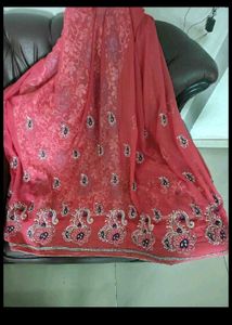 Red Saree with White &amp; Blue Print