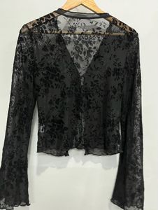 BLACK SHEER TIE FRONT BLOUSE