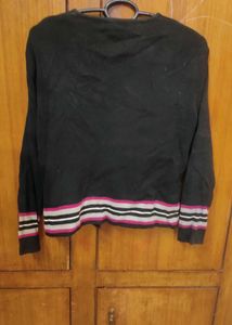 Chic Black Cardigan with Striped Cuffs