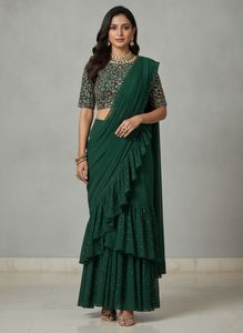 Elegant Two Tier Green Pre stitched Saree with Res