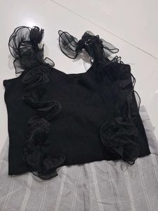 Stylish Black Top &amp; Striped Pants Set