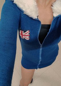 Blue Zip-Up Jacket with Faux Fur Collar