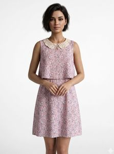Pink Leaf Print Dress with Lace Collar