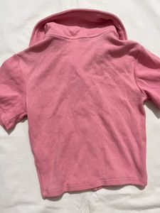 Pink Ribbed Collared Crop Top