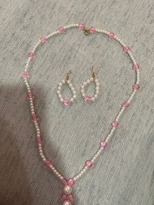 Elegant Pearl &amp; Pink Beaded Necklace and Earring S