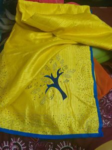 Yellow Silk Saree with Blue Tree Design