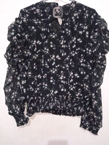 Black Color Floral Printed Top With Puffy Sleeves