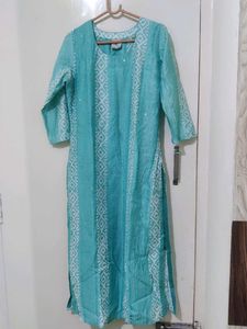 Turquoise Kurta with White Geometric Print