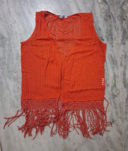 Orange Crochet Fringe Vest