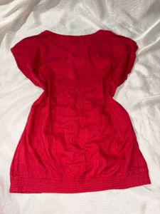 Red Button-Up Short Sleeve Blouse