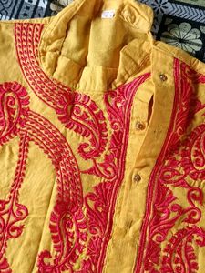 Vibrant Yellow Kurta with Red Embroidery