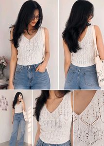 Chic White Knit V-Neck Tank Top XXL