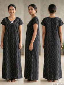 Stylish Black Nightgown with White Print