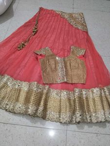 Stunning Coral &amp; Gold Embroidered Lehenga