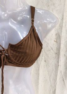 Brown Ribbed Lace-Up Bikini Top