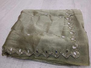 Elegant Olive Green Mirror Work Saree