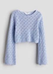 Blue Cropped Crochet Knit Sweater