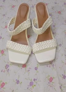 Stylish White Braided Heeled Mules