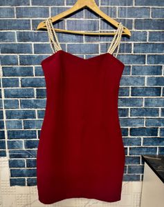 🍷 Burgundy Pearl Strap Mini Dress ✨