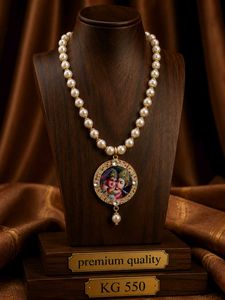 Elegant Pearl Necklace with Radha Krishna Pendant