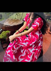 Vibrant Pink &amp; White Patterned Midi Dress