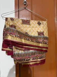 Elegant Cream &amp; Maroon Saree