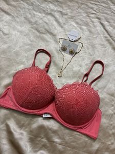 Coral Lace Balconette Bra.
