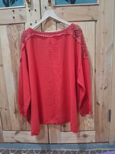 Red Button-Down Top with Crochet Detail