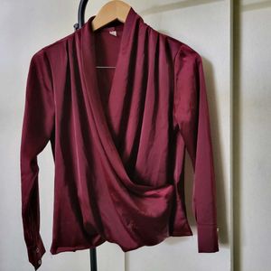 Burgundy Satin Wrap Top