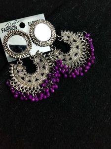 Oxidized Silver Jhumka Earrings with Purple Beads