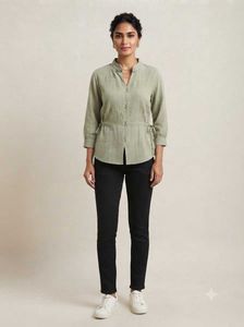 Stylish Olive Green Plisse Textured Shirt - Used (
