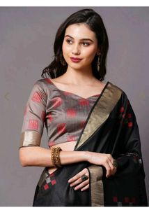 Elegant Black Saree with Red &amp; Grey Motifs