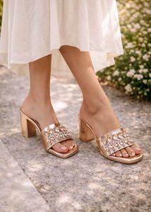 Sparkling Rose Gold Heeled Mules