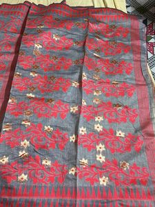 Falls done Elegant Grey &amp; Pink Floral Saree