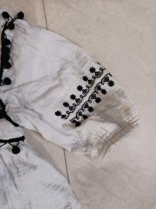 Embroidered White Kurta with Pom-Pom Trim