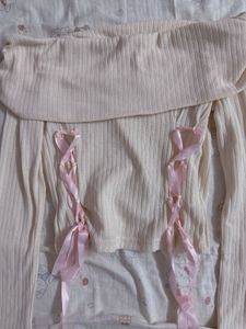 Cream Off-Shoulder Ribbed Top with Pink Laces