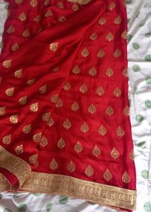 Red Embellished Saree with Gold Border
