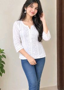 Chic White Embroidered Kurta Top