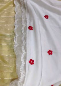 White Kurta /kurti / anarkali with Red Floral Embr