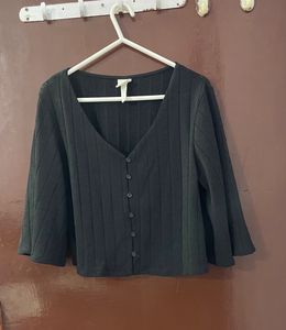 H&M Black Ribbed Button Down Top