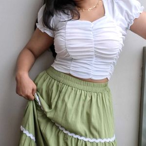 White Ruched Crop Top and olive green skirt