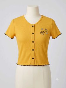 Yellow Button-Up Cropped Top with Sun Graphic