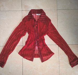 Sparkly Red Striped Sheer Button-Up Top 🎪📍🔻🎈🎀
