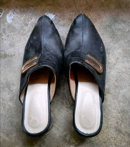 Black Mules with Gold Buckle Accent