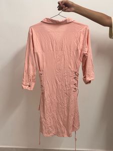 Chic Pink Lace-Up Shirt Dress