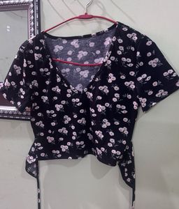 Chic Black Floral Wrap Top